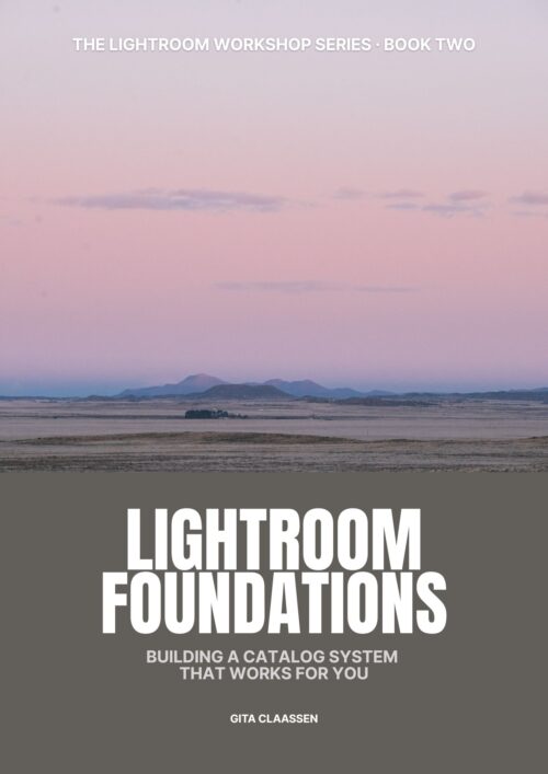 Lightroom Foundations book cover by Gita Claassen, showing a mountain landscape at sunset