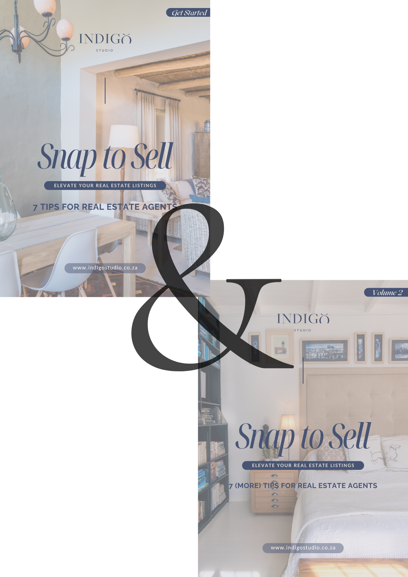 Snap to Sell Complete Collection, real estate photography and editing guide bundle by Indigo Studio, showing Volume 1 and Volume 2 covers together